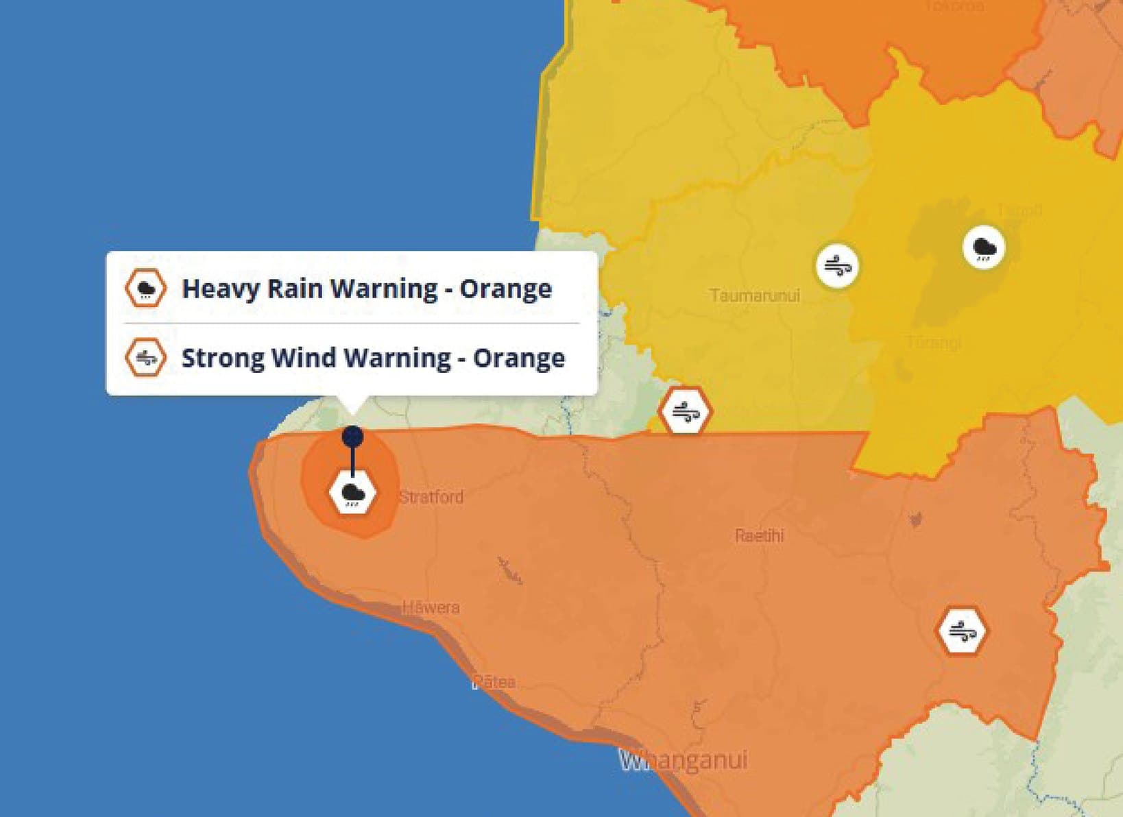 Orange Weather Warnings Issued for Heavy Rain and Strong Wind in Taranaki