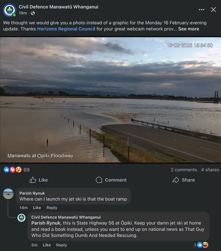 Civil Defence Manawatu-Whanganui advises resident to "Keep your damn jetski at home"