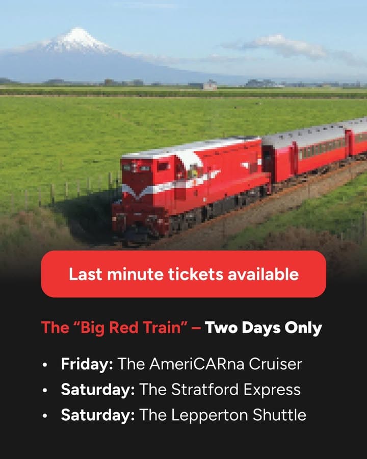 🚂 Don't miss your chance to experience Taranaki by rail during AmeriCARna. Steam Inc's heritage passenger train is…