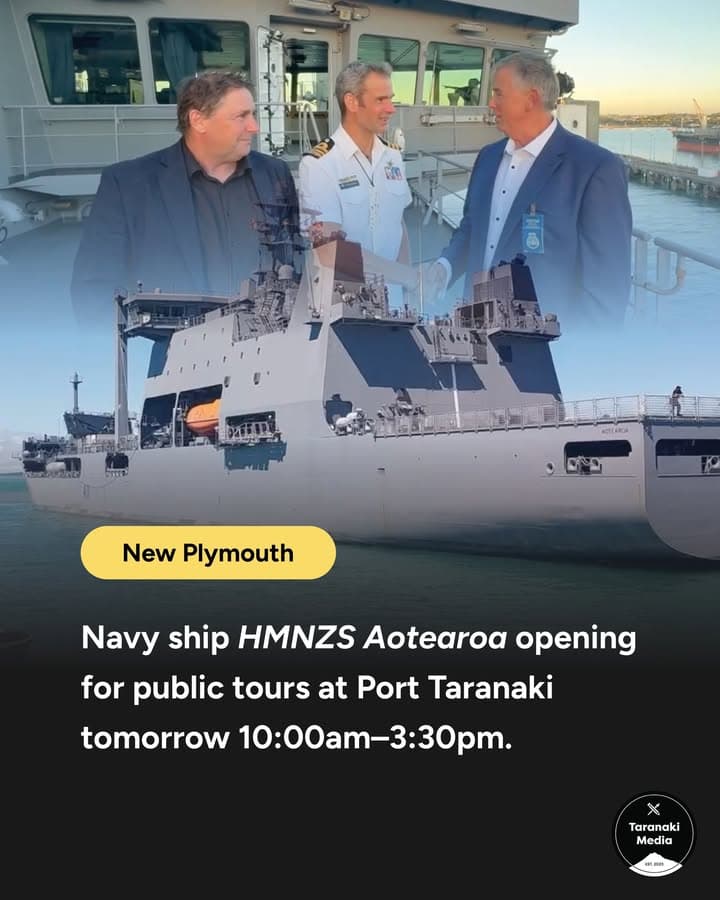 HMNZS Aotearoa, which has returned to New Plymouth for a six-day visit, will be opening for public tours on Saturday,…