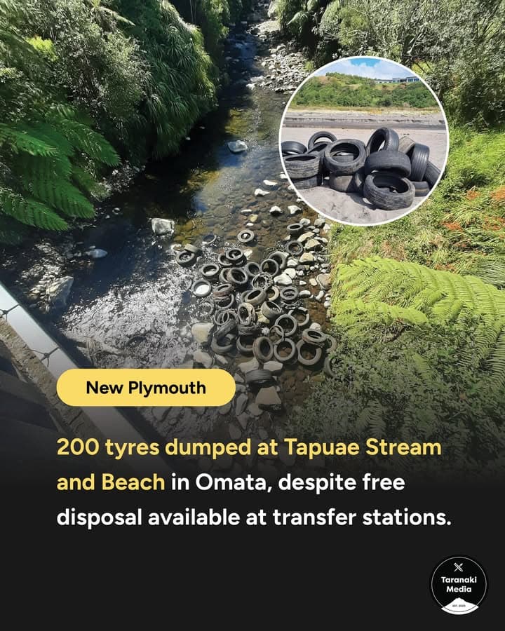 😡🛞 Taranaki Regional Council's compliance team has been dealing with more than 200 tyres dumped in the Tapuae Stream…