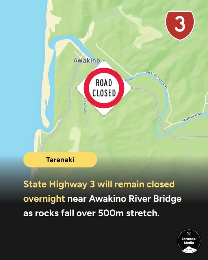 Update: SH3 will remain closed overnight following a slip. Rocks have been steadily coming down over a half a kilometre…